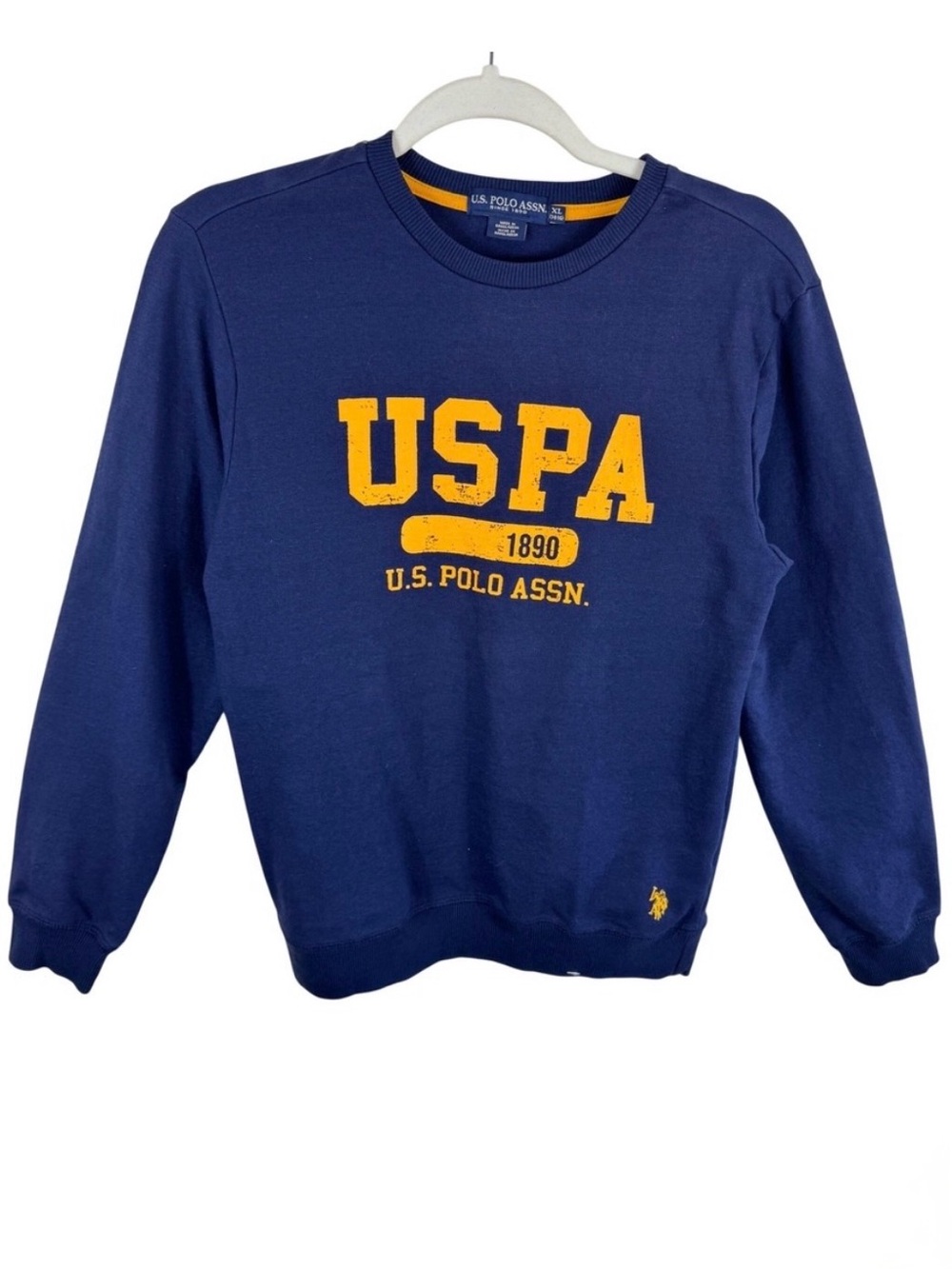 US Polo Assn Kids Boys XL 14-16 Navy Blue Yellow Graphic Crewneck Sweatshirt